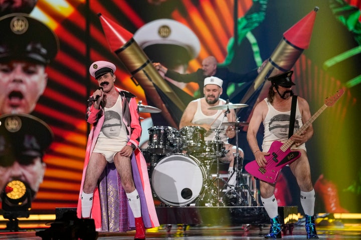 Let 3 of Croatia perform during dress rehearsals for the Grand final at the Eurovision Song Contest in Liverpool, England, Friday, May 12, 2023. (AP Photo/Martin Meissner)