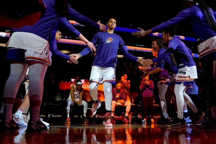 Phoenix Mercury center Brittney Griner is introduced prior to a WNBA preseason basketball game against the Los Angeles Sparks on Friday in Phoenix.