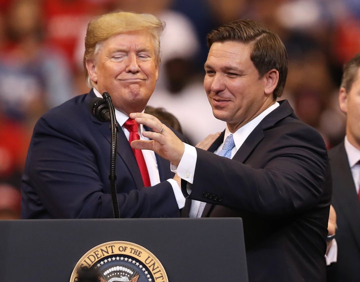 SUNRISE, FLORIDA - NOVEMBER 26: U.S. President Donald Trump introduces Florida Governor Ron DeSantis during a homecoming campaign rally at the BB&T Center on November 26, 2019 in Sunrise, Florida.