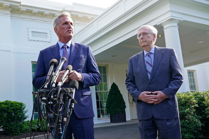 FILE - House Speaker Kevin McCarthy of Calif., left, standing next to Senate Minority Leader Mitch McConnell of Ky., right, speaks to reporters outside of the West Wing of the White House in Washington, May 9, 2023, following a meeting with President Joe Biden on the debt limit. (AP Photo/Susan Walsh, File)
