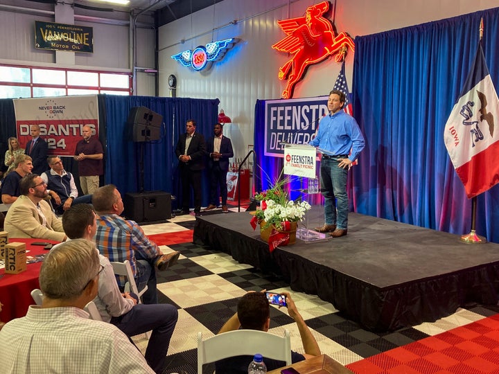 Florida Gov. Ron DeSantis speaks during the Feenstra Family Picnic event in Sioux Center, Iowa on Saturday.