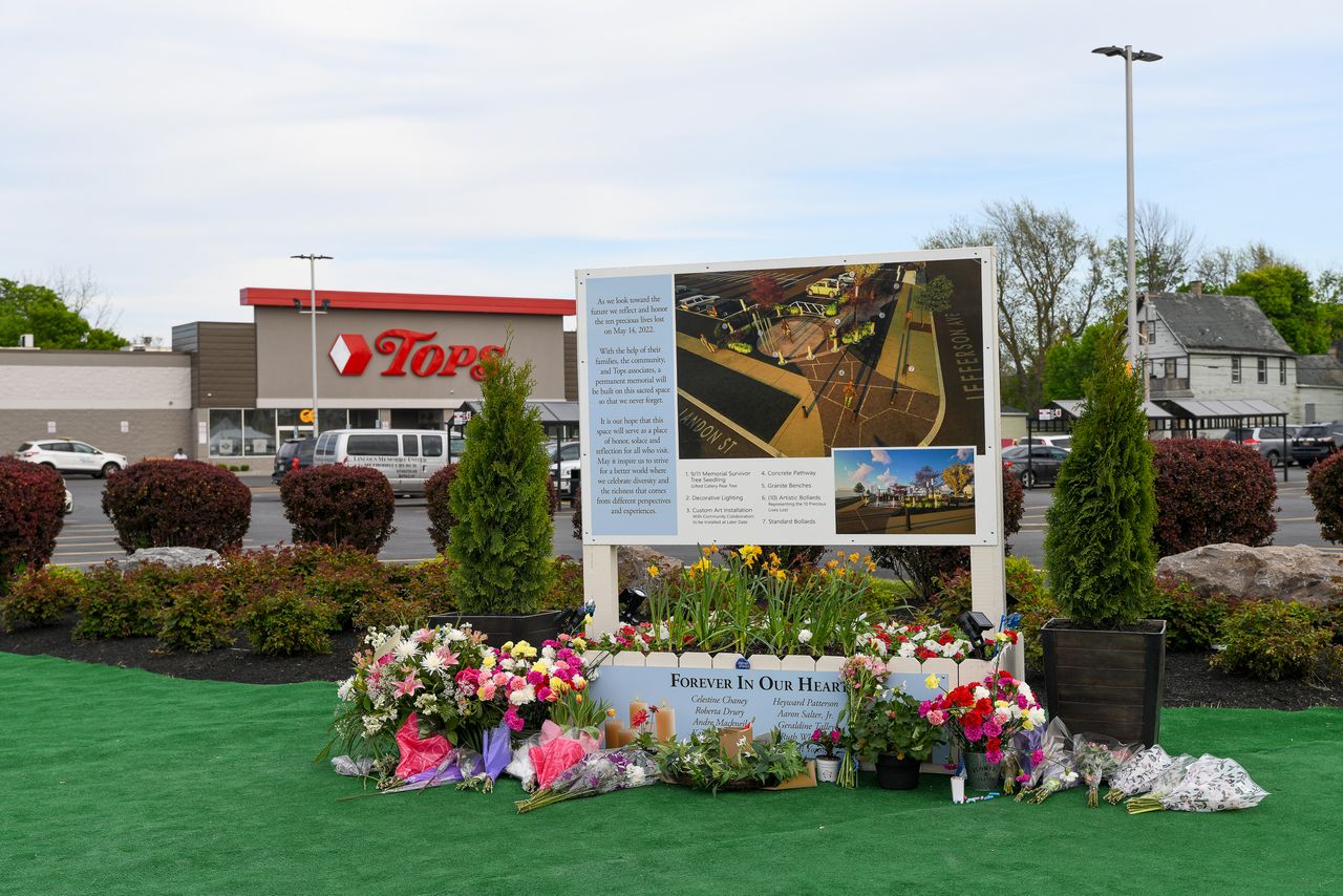 A memorial stands in front of the Tops supermarket in Buffalo on May 13, 2023.