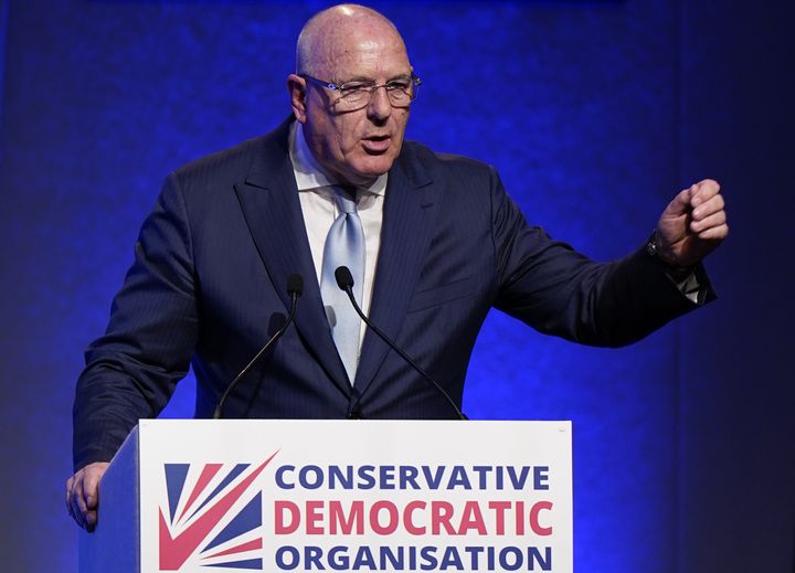 Lord Peter Cruddas gives a speech during the Conservative Democratic Organisation conference at Bournemouth International Centre. Picture date: Saturday May 13, 2023. (Photo by Andrew Matthews/PA Images via Getty Images)