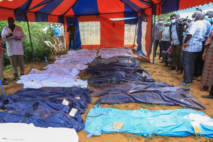 Body bags are laid out at the scene where dozens of bodies have been found in shallow graves on April 24. Kenya's president William Ruto has said that the starvation deaths is akin to terrorism.