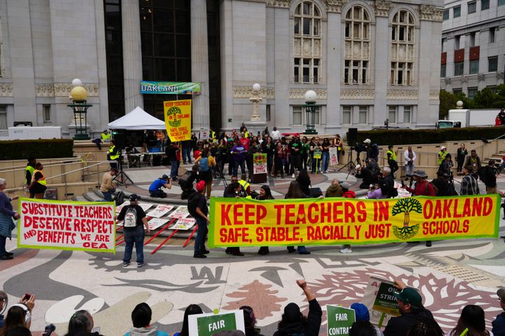 Striking teachers hold a rally outside City Hall in Oakland, Calif., Thursday, May 4, 2023. 