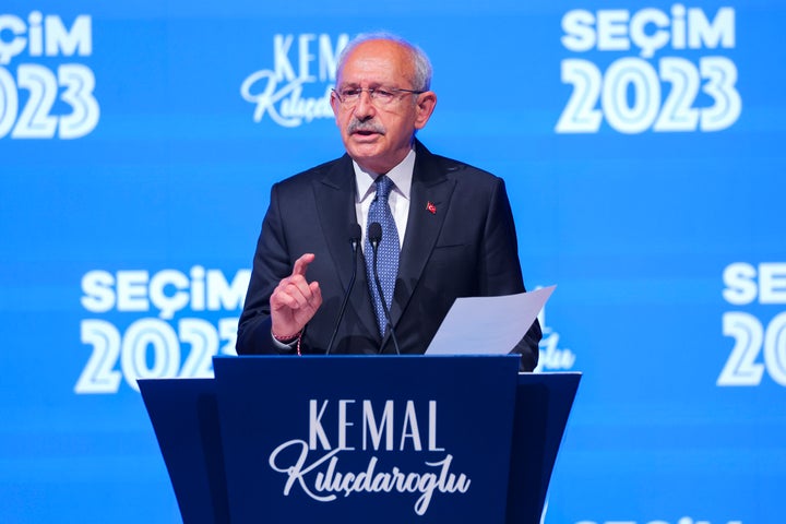 Kemal Kilicdaroglu, the 74-year-old leader of the center-left, pro-secular Republican People's Party (CHP) speaks at the party's headquarters in Ankara, Turkey, on May 14, 2023.