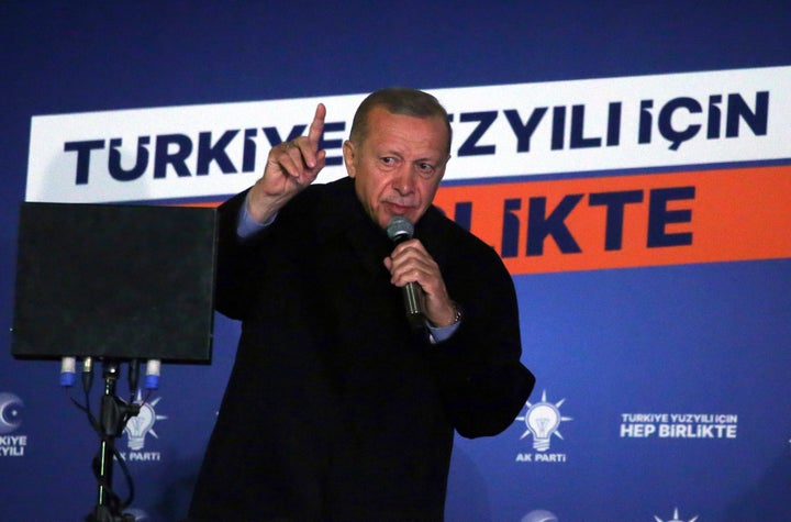 Turkish President Recep Tayyip Erdogan gives a speech at the party headquarters, in Ankara, Turkey, early on May 15, 2023.