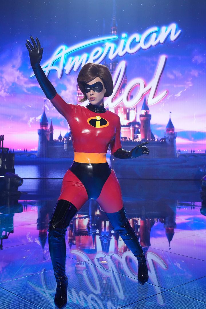 Katy Perry poses as Elastigirl from the superhero movie "The Incredibles."