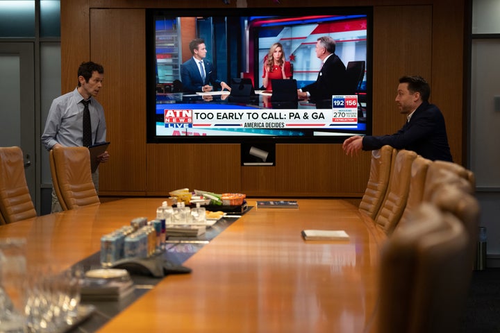 Darwin (Adam Godley), ATN's Decision Desk head, and Roman Roy (Kieran Culkin) on Sunday night's episode of HBO's "Succession," "America Decides."