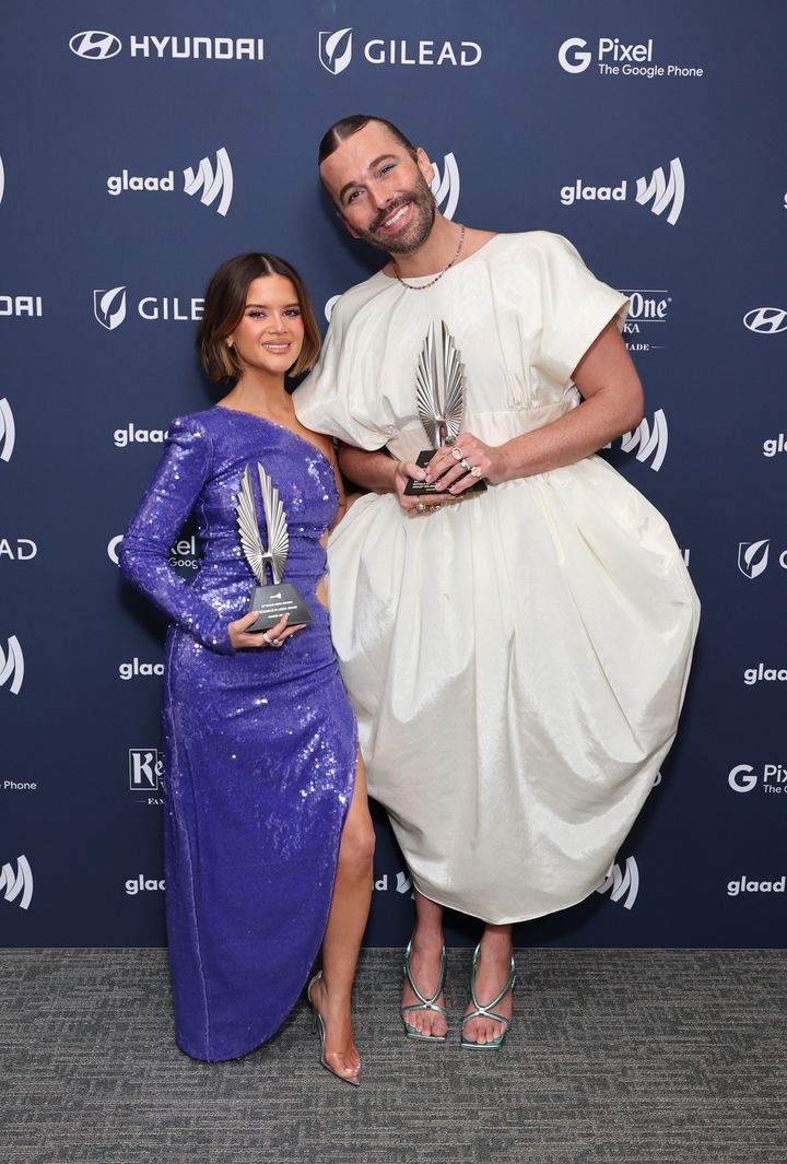 Maren Morris (left) and "Queer Eye" star Jonathan Van Ness at the 2023 GLAAD Media Awards in New York.