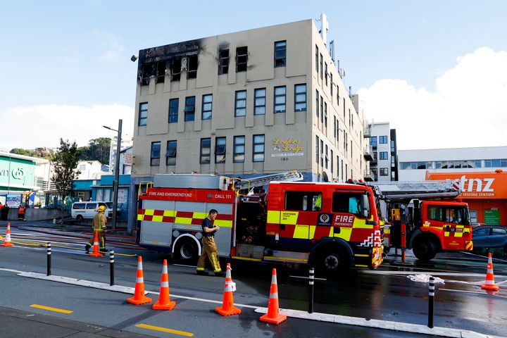 A view of the scene after a fire at Loafers Lodge on May 16, 2023, in Wellington, New Zealand.