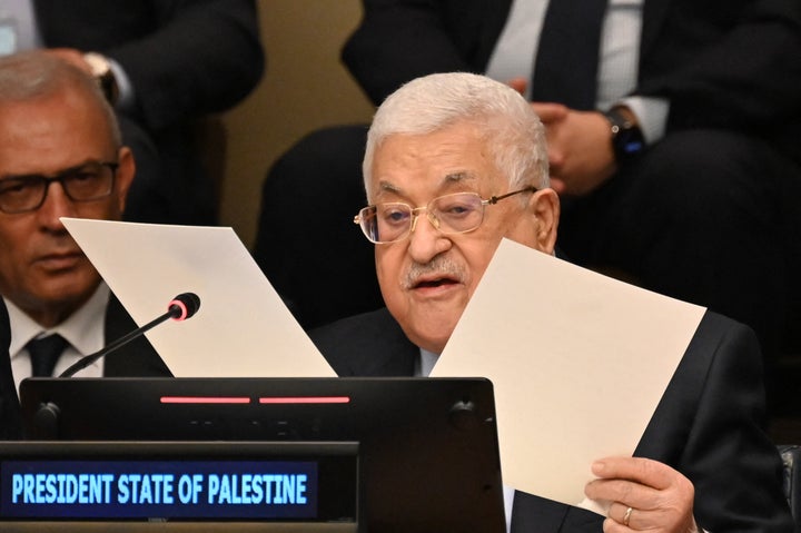 Palestinian President Mahmoud Abbas speaks during the first commemoration of the 75th anniversary of the Nakba at the United Nations headquarters in New York on May 15, 2023.