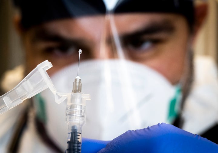 A dose of the mpox vaccine is seen prepared at a mobile vaccination clinic in California in 2022. The Jynneos vaccine consists of two doses administered 28 days apart.