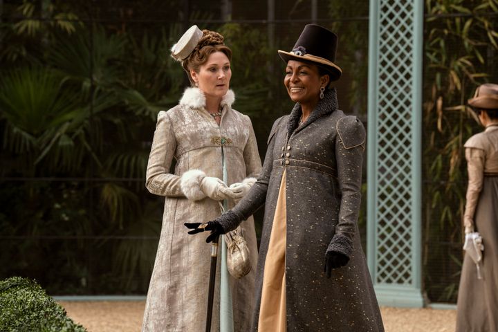 Ruth Gemmell as Violet Bridgerton and Adjoa Andoh as Lady Agatha Danbury in "Queen Charlotte: A Bridgerton Story."
