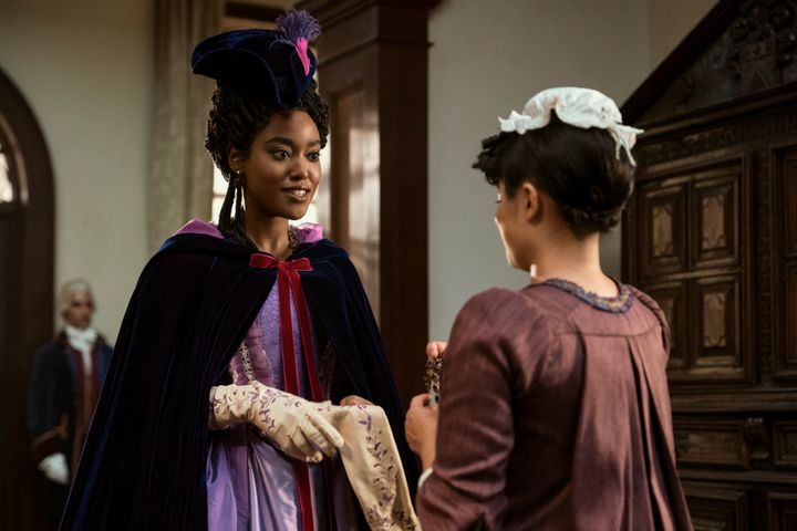 (L to R) Arsema Thomas as Young Agatha Danbury, Peyvand Sadeghian as Coral in Episode 6 of "Queen Charlotte: A Bridgerton Story."