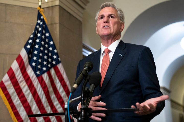 House Speaker Kevin McCarthy (R-Calif.) speaks to reporters at a news conference Tuesday.