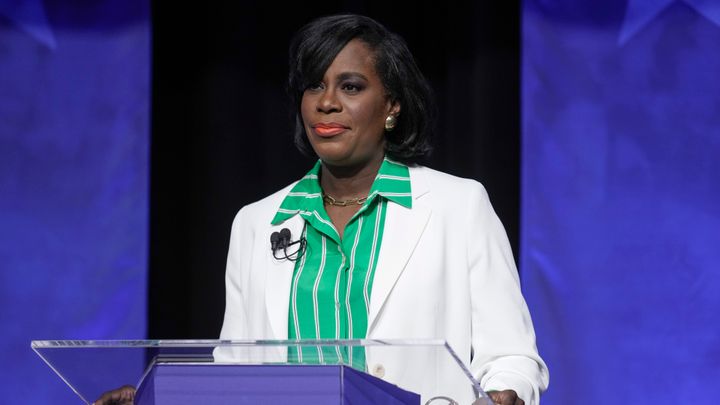 Mayoral candidate Cherelle Parker takes part in a Democratic primary debate at the WPVI-TV studio in Philadelphia, Tuesday, April 25, 2023. (AP Photo/Matt Rourke)