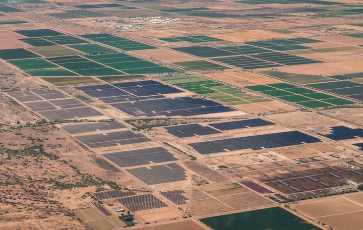Aerial view of farmlands being converted to solar fields in Pinal County, Arizona.