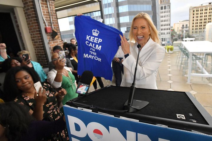 Donna Deegan holds up a T-shirt her daughter bought for her on a trip to London, while speaking with supporters in her run for mayor of Jacksonville, Fla., on May 16, 2023. Deegan defeated Republican Daniel Davis, becoming the first female to be elected as the city's mayor. 