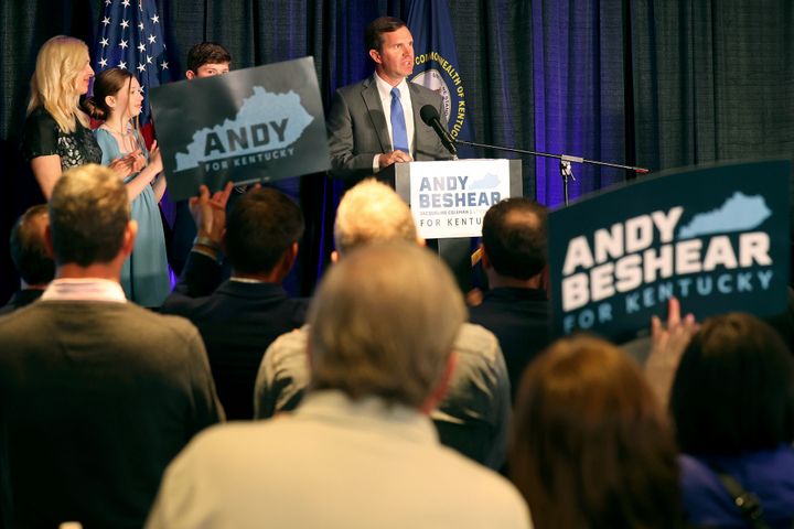 Kentucky Gov. Andy Beshear speaks to supporters after winning the Democrat primary election at the Kentucky Historical Society in Frankfort, Ky., on May 16, 2023. 