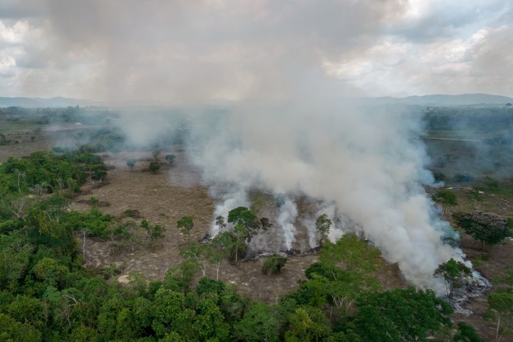 Smoke rises from fire burning in the Amazon Rainforest in Brazil.