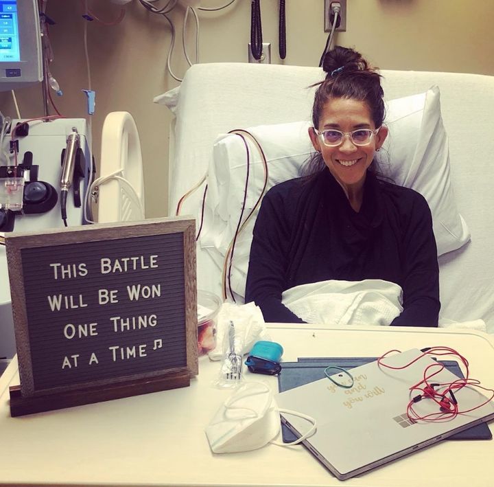 The author at UPMC-Pittsburgh in 2020 getting her leukapheresis in preparation for TIL therapy with lyrics to Daphne Willis’ song "Done with Bein’ Done."