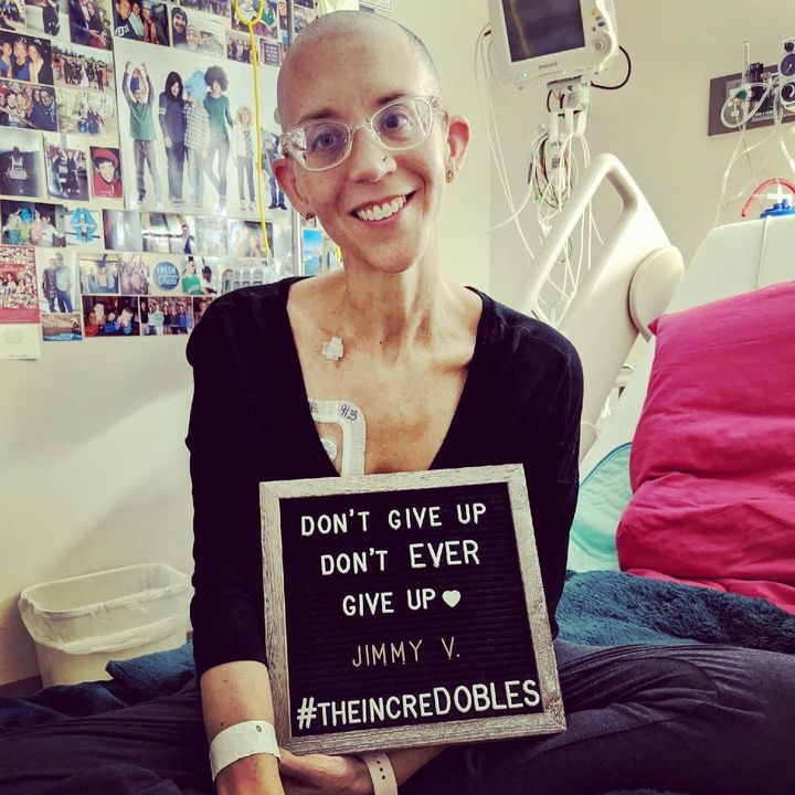 The author in her hospital room at the end of her TIL treatment in 2020. "Nick and I branded ourselves as theincreDOBLES," she writes.