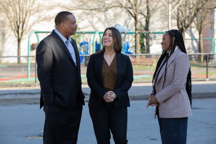 Pennsylvania state Rep. Sara Innamorato (D), center, chats with U.S. Rep. Summer Lee (D-Pa.), right, and Pittsburgh Mayor Ed Gainey (D), left. Innamorato's win in the Democratic primary for Allegheny County executive is the product of years of incremental gains for the left.