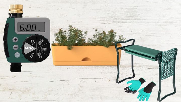 A watering hose timer, a self-watering window planter and a garden kneeling stool.