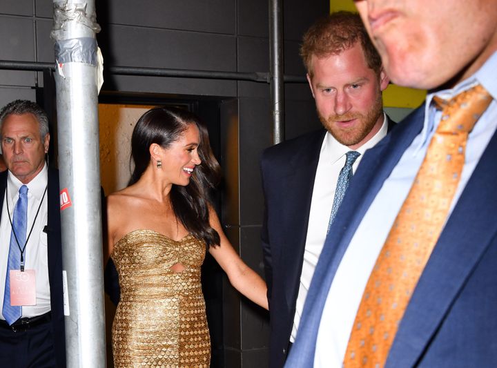 Meghan Markle and Prince Harry leave The Ziegfeld Theatre in New York.