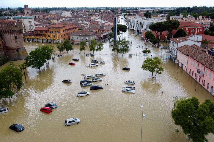 In this aerial picture, flooded streets caused by heavy rains across Italy's northern Emilia Romagna region.