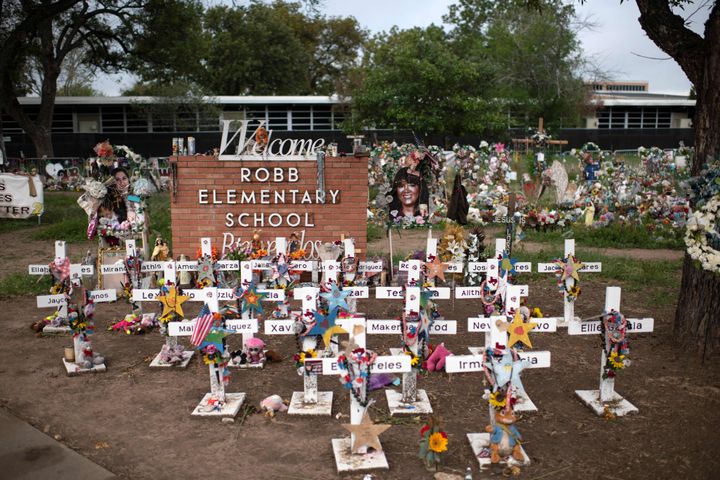 Crosses honor the 21 people fatally shot at Robb Elementary School in Uvalde, Texas, last year. Abbott said the shooting "could have been worse." It was the state’s deadliest school shooting.