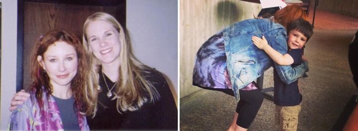 Left photo: Shannon Lambert (right) with Tori in Minneapolis in 2003. Right photo: Tori meets Lambert's child for the first time in Minneapolis in 2014.