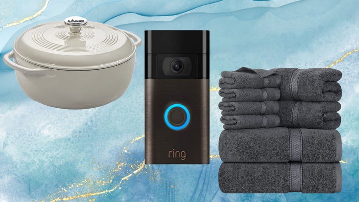 A Lodge cast iron Dutch oven, a Ring doorbell camera and an 8-piece Utopia towel set.