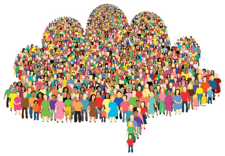 Vector illustration of large group of people. Symbols. People Icons. Speech bubble.