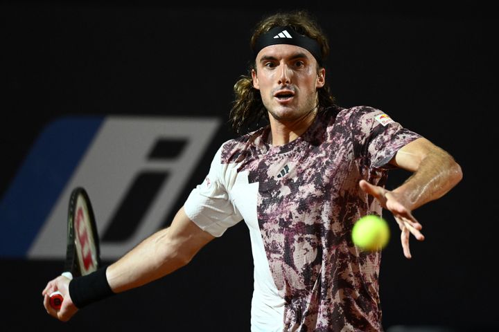 ROME, ITALY - MAY 18: Stefanos Tsitsipas of Greece plays a forehand against Borna Coric of Croatia during the Men's Singles Quarter-Final match during day eleven of Internazionali BNL D'Italia 2023 at Foro Italico on May 18, 2023 in Rome, Italy. (Photo by Justin Setterfield/Getty Images)