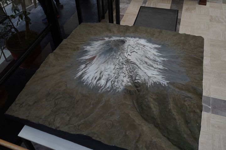FILE - A model of the Popocatépetl volcano is displayed at the National Center for Disaster Prevention of Mexico in Mexico City, Feb. 8, 2023.