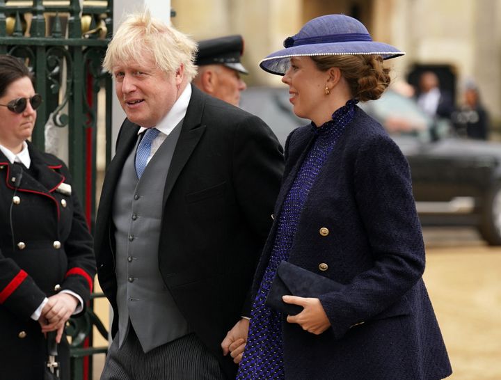 Boris and Carrie Johnson arrive at Westminster Abbey for the coronation of King Charles III.