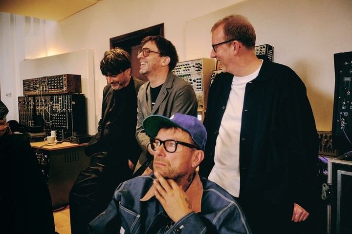 Members of the band Blur: Alex James, Graham Coxon, Damon Albarn and Dave Rowntree.