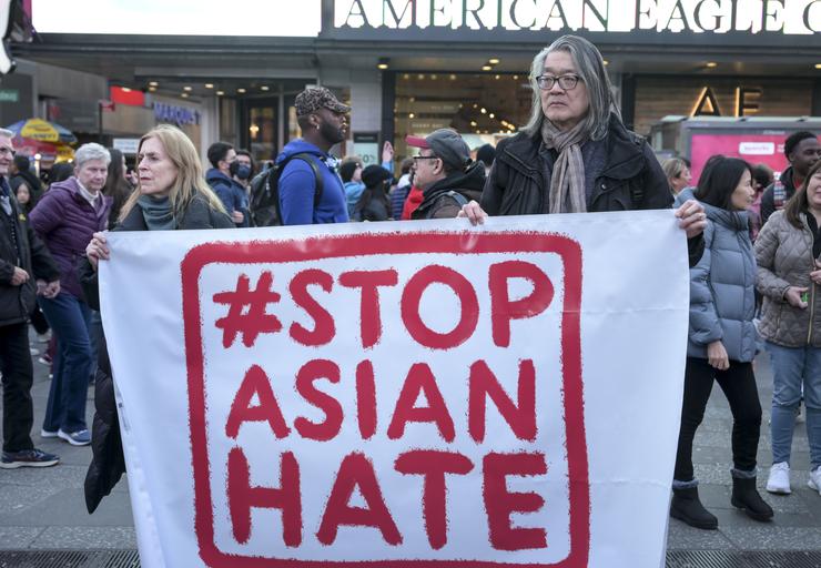 Asian Americans gathered at Times Square to protest Asian Hate in New York City, New York, on March 16, 2023. 