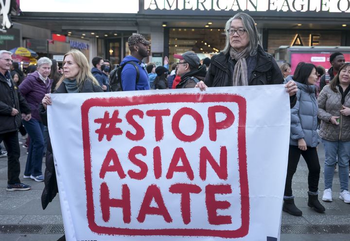 Asian Americans gathered at Times Square to protest Asian Hate in New York City, New York, on March 16, 2023. 