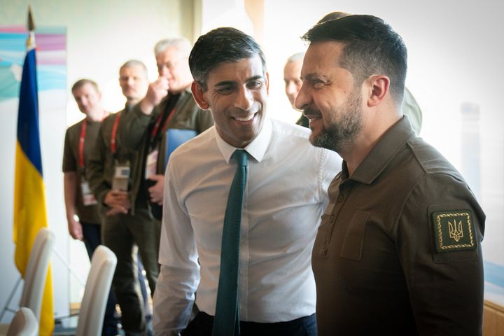 HIROSHIMA, JAPAN - MAY 20: British Prime Minister Rishi Sunak meets Ukraine President, Volodymyr Zelenskyy during the G7 Summit at the Grand Prince Hotel on May 20, 2023 in Hiroshima, Japan. (Photo by Stefan Rousseau - WPA Pool/Getty Images)