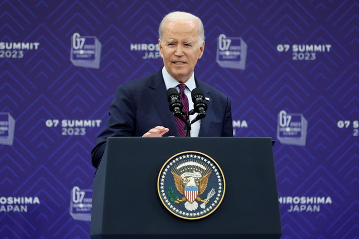 HIROSHIMA, JAPAN - MAY 21: US President Joe Biden speaks during a press conference, following the conclusion of the G7 Summit Leaders' Meeting on May 21, 2023 in Hiroshima, Japan. The G7 summit will be held in Hiroshima from 19-22 May. (Photo by Kiyoshi Ota - Pool/Getty Images)