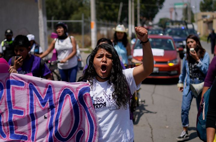 Roxana Ruiz shouts during a march in memory of Diana Velazquez, who was making a call outside her home in 2017 when she was raped and killed in Chimalhuacan, Mexico in 2022. Ruiz, who killed a man when he attacked and raped her in 2021, was sentenced to more than six years in prison.