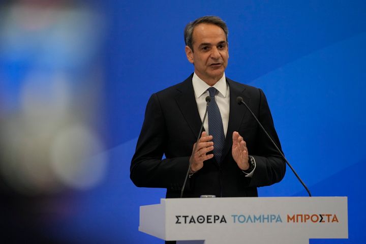 Greece's Prime Minister and leader of New Democracy Kyriakos Mitsotakis gives a speech at the headquarters of his party in Athens, Greece, on May 21, 2023.