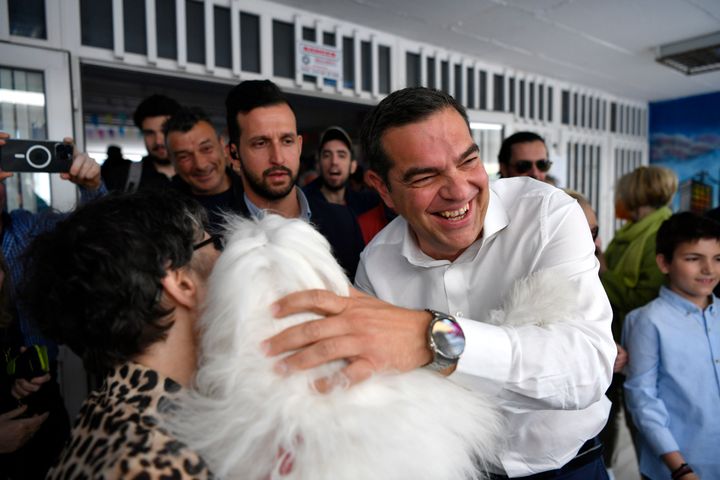 Leader of the main opposition Syriza party, Alexis Tsipras greeting his supporters at a polling station in Athens, Greece, on May 21, 2023. 