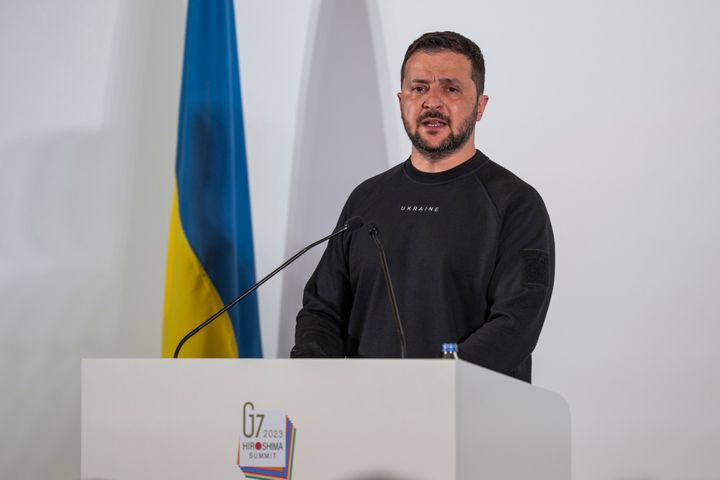 Ukrainian President Volodymyr Zelenskyy speaks during a press conference, following the conclusion of the G7 Summit Leaders' Meeting on May 21, 2023.