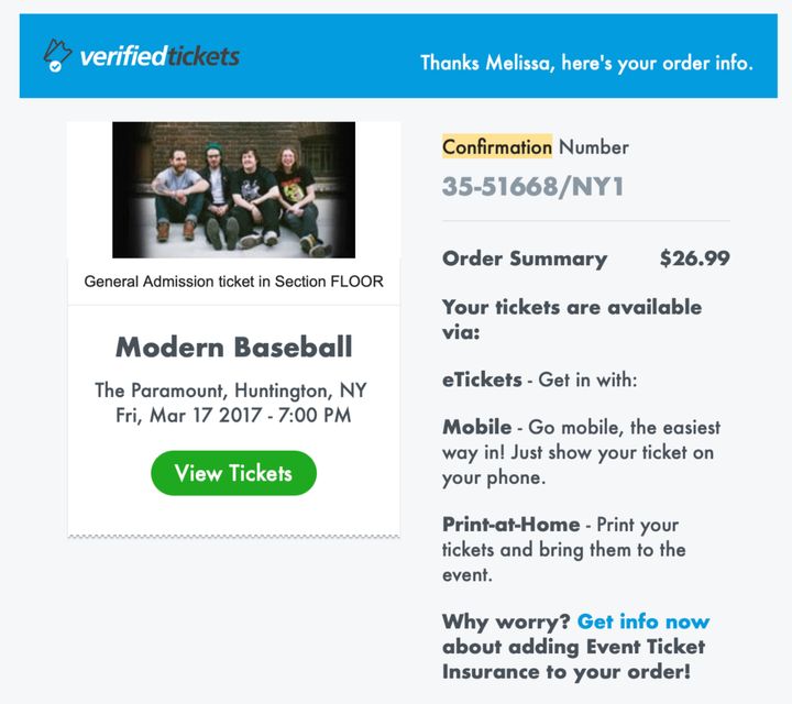A real confirmation email from Ticketmaster. 