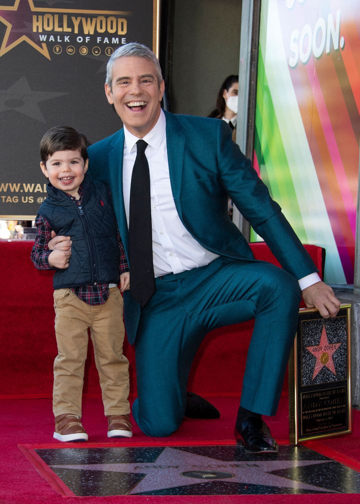 Andy Cohen poses with his son Benjamin during the ceremony to honor him with a Hollywood Walk of Fame star in Los Angeles on Feb. 4, 2022.