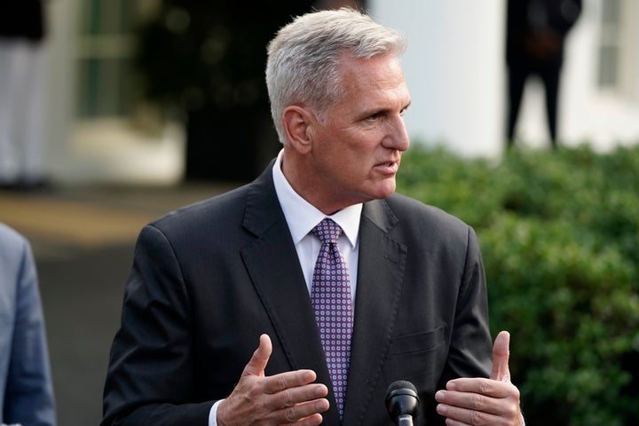 House Speaker Kevin McCarthy (R-Calif.) talks to reporters after meeting with President Joe Biden on Monday.